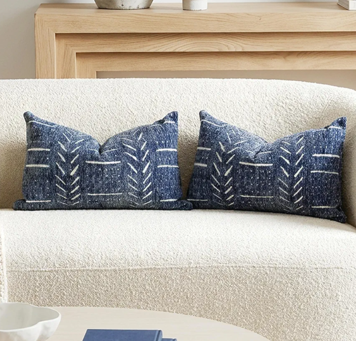 BlissBlush Decorative Lumbar Pillow Covers 12x20 Set of 2, Boho Blue Chenille Accent Rectangular Throw Pillow Covers for Couch Sofa Living Room Home Décor