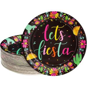 Sparkle and Bash 80 Pack Black Let's Fiesta Paper Plates for Cinco de Mayo Party Decorations, Taco Party, and Baby Shower Decorations (9 Inches)
