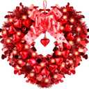 14'' Valentines Day Heart Wreath for Front Door with Bow and String Lights Red Wire Heart Shaped Wreath Perfect for Front Door, Wall, Window, Valentines Day Door Decor, Wedding Party Romantic Decor