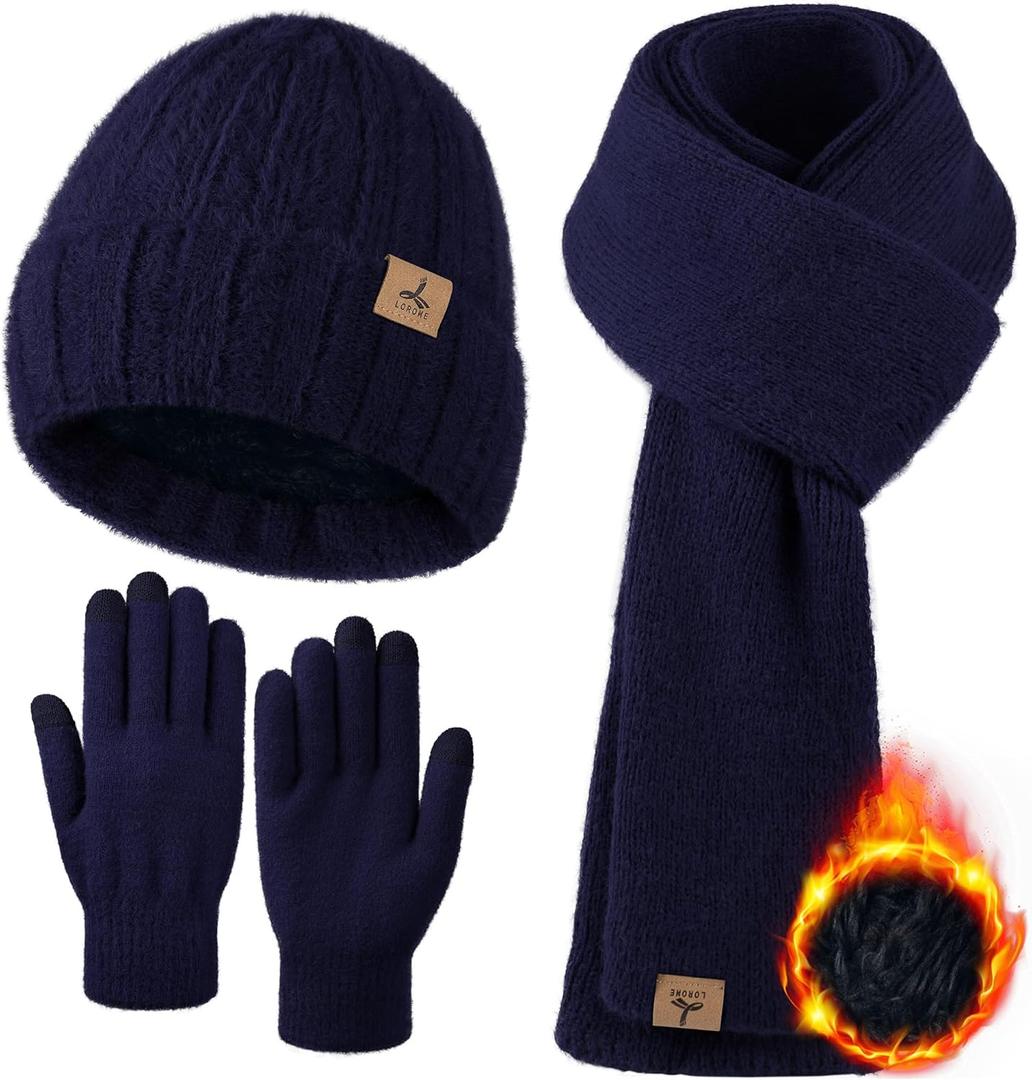 Winter Beanie Hat Scarf Gloves, Warm Fleece Knit Hat Long Scarf Neck Warmer Touch Screen Winter Gloves Set Gifts for Women (Navy Blue)