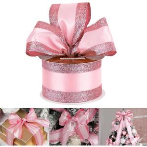 HUIHUANG Pink Wired Satin Ribbon with Glitter Stripe Edges 2.5 inch, Pink Christmas Ribbon for Tree, Bows Making, Wreath Supplies, Gift Wrapping Garland, Home Decor, Crafts -10 Yards