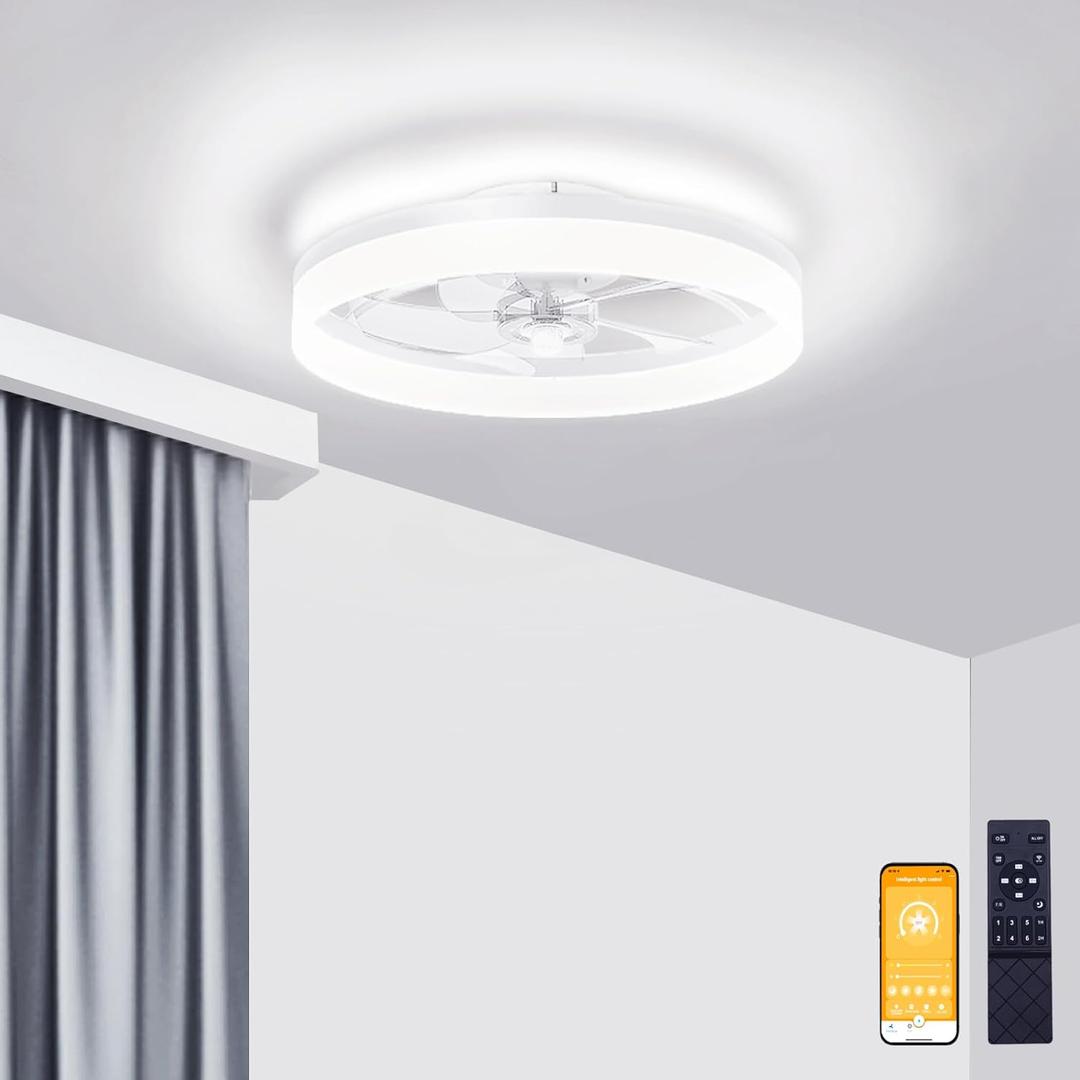 VOLISUN Low Profile Ceiling Fans with Lights and Remote, 19.7in Fandelier Ceiling Fan Flush Mount, 3000K-6500K Smart Bladeless LED Fan Light, White Modern Ceiling Fans with Lights for Bedroom