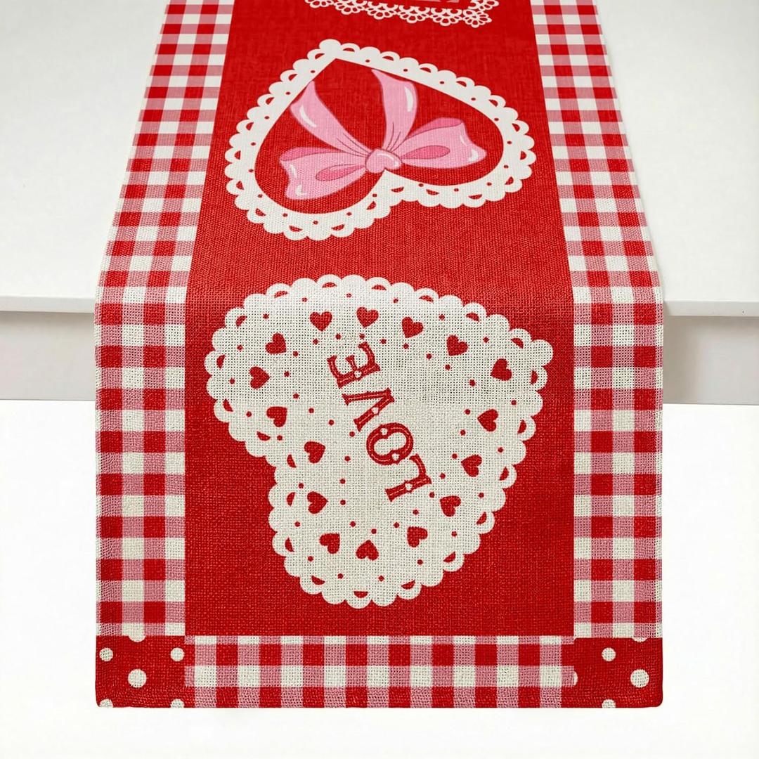 Valentine's Day Table Runner 13 x 72 Inch,Rustic Kitchen Dining Table Decoration Romantic Anniversary Wedding Decor for Indoor Outdoor Home Party Couples Gifts