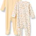 Amazon Essentials x Sofia Grainge Unisex Babies' Cotton Footed Sleep and Play Bodysuit, Pack of 2, Pale Yellow/ Squirrel Picnic, Newborn