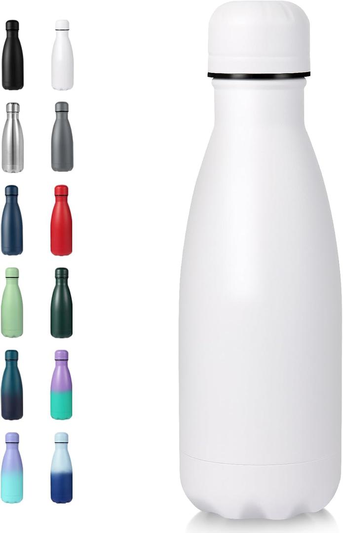 Volhoply 12oz Small Water Bottle Stainless Steel, BPA Free Insulated Water Bottles, Double Wall Cola Shape Flask, Keeps Cold 24 Hours and Hot 12 Hours for Kids Handbag (White)