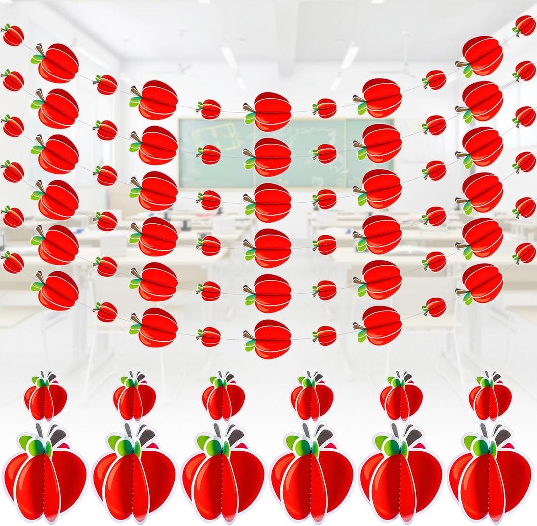 6 Pieces 3D Pencil Apple Banner for Back to School Decorations Pre-Strung First Day of School Hanging Garland Banner for Classroom Teacher Welcome Party Photo Props(Red,Apple)
