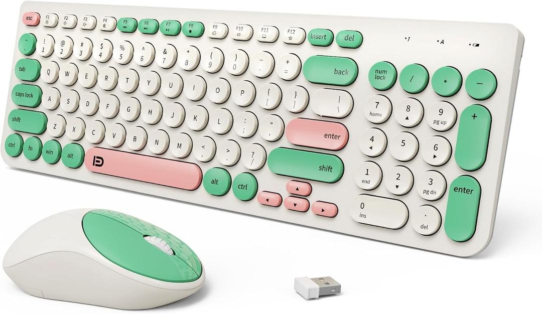 Wireless Keyboards Mouse Combos, Colorful Quiet Keyboard Cute Typewriter Full-Size Retro Round Keycaps, 2.4GHz Sleep Mode Office Wireless Keyboard and Mouse Set for Desktop Laptop PC Computer (96 Keys Green Colorful)