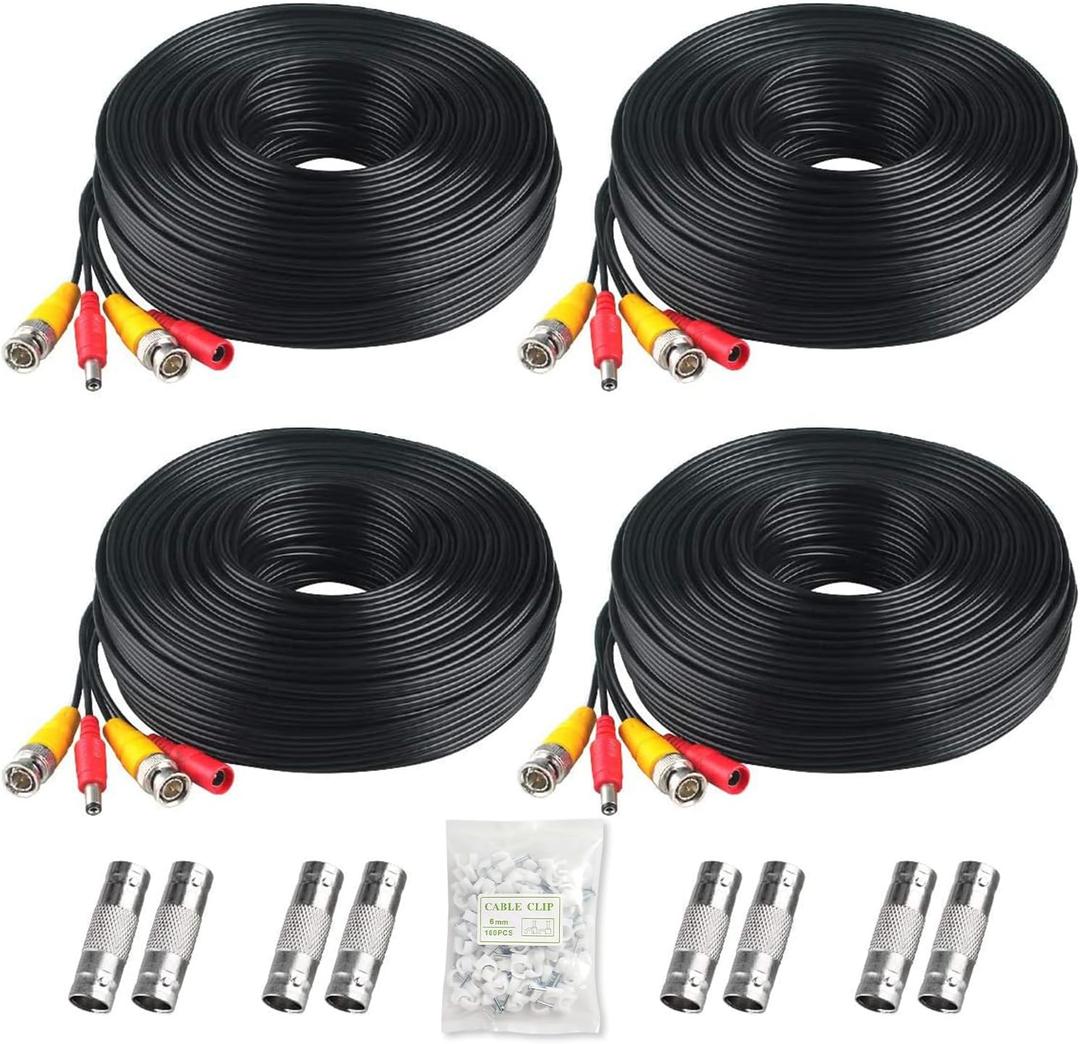 BNC Cable, 200ft 4Pack All-in-One Siamese Video and Power Security Camera Wire Cord with 2 Female Connectors for All Max 5MP HD CCTV DVR Surveillance System