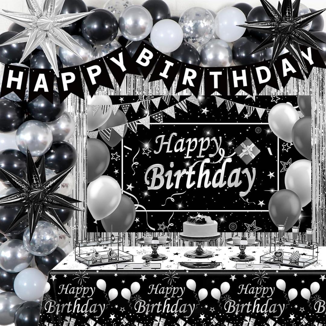 Black and Silver Birthday Decorations for Men Women Boys Girls, 85PCS White Black and Silver Party Decorations, Happy Birthday Backdrop Banner Tablecloth Confetti Star Balloons Arch Fringe Curtains