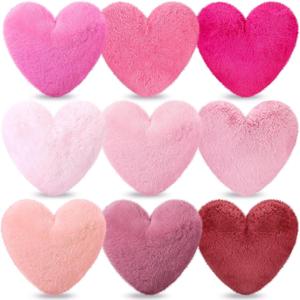 9 Pcs Pink Series Heart Pillow Faux Rabbit Fur Fluffy Heart Throw Pillows Cute Decorative Soft Throw Cushion for Women Couch Bed Sofa Chair Home