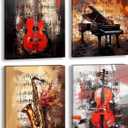Framed Vintage Music Themed Wall Art Canvas, Guitar, Piano, Saxophone, Violin Prints for Bedroom Home Decor, Set of 4-8x10 Inch