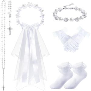 Funtery 6 Pcs First Communion Veil for Girls Set Catholic Vestido De Primera Comunin Nia 1st Holy Headpiece Wreath Veil Sock Necklace Bracelet