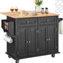 VEVOR Kitchen Island Cart, 35" Wood Top Mobile Carts with Storage Cabinet, Rolling Table with Drop Leaf, Spice Rack, Towel Bar, Adjustable Shelf, Drawer, and Hooks, Portable Islands on Wheels, Black