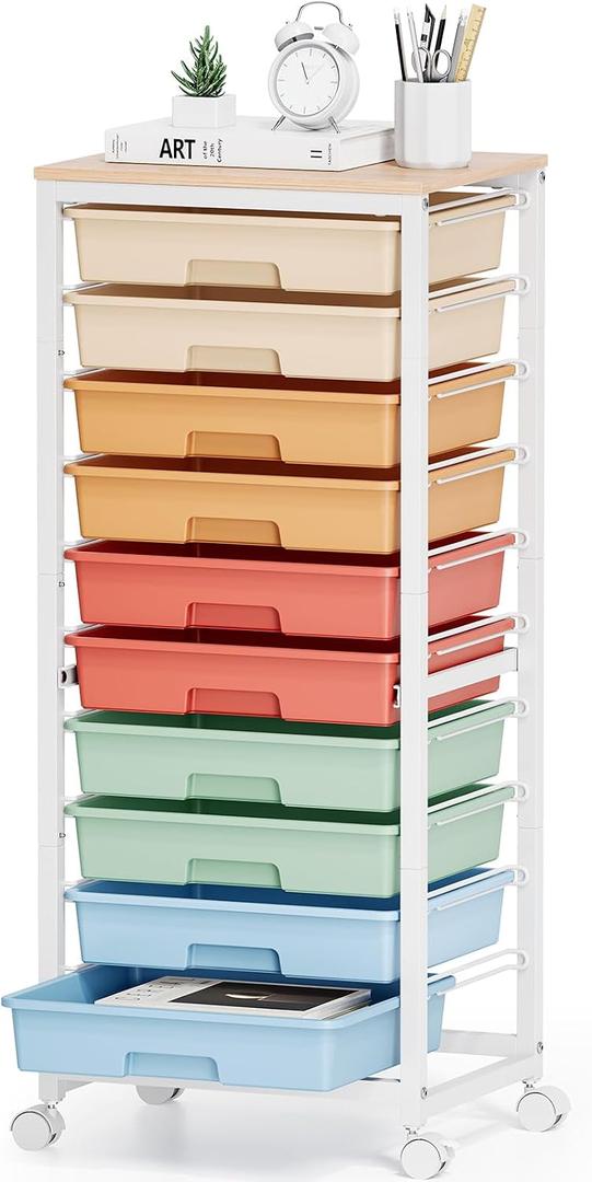 SYKIARIOL Rolling Cart with Drawers, 10 Drawer Rolling Cart, Storage Cart with Wheels, Utility Cart with Drawers, Teacher Cart for Classroom Storage, Craft Cart with Wheels and Wooden Tabletop, Rainbow