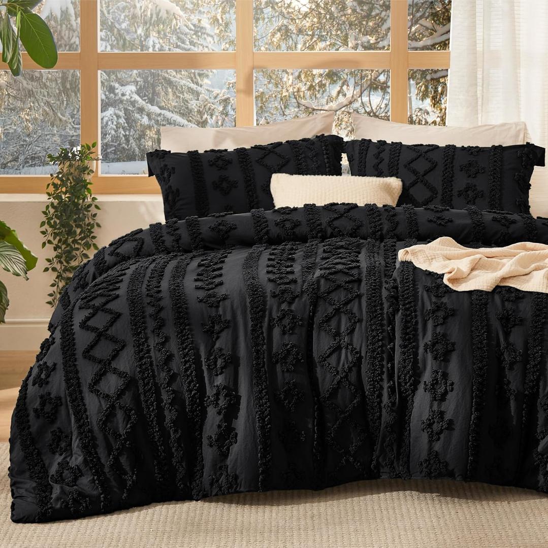 Bedsure Tufted Boho Comforter Set Queen Size - Black Boho Bed Set, GentleSoft 3 Pieces Farmhouse-Style Embroidery Bedding, Gifts for Woman, Soft Jacquard Queen Comforter for All Seasons (20 - Black - Elegant)