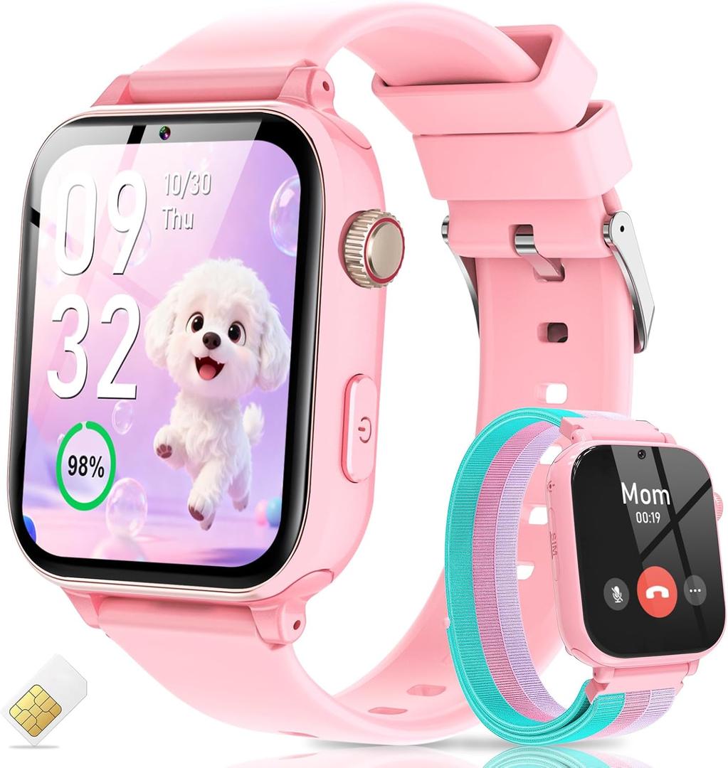 Yiphun 4G Kids Smart Watch with GPS Tracker, Video Call, Texting, and Phone Calls, Smart Watch for Kids with SIM Card, School Mode Alarm Clock SOS Alerts, Watch Gift for Age 4-12 Girls, Pink