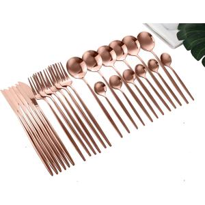 24-Piece Korean Copper Rose Silverware Sets Mirror Polished Stainless Steel Flatware Set Service for 6 Kitchen For Home Kitchen Hotel (Rose)