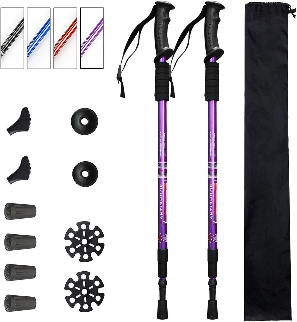 Aihoye Trekking Poles Shock Absorbing Adjustable Hiking or Walking Sticks for Hiking Collapsible Strong, 2-pc Pack Lightweight Walking Pole, All Terrain Accessories and Carry Bag (purple)