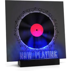 Now Playing Vinyl Record Stand,Light Up Wooden Album Display Holder with Acrylic Sign, Multi Color LED Now Spinning Hip Hop Record Wood Rack,LP Record Player Accessories Gift