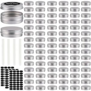 96 Pack Round Cans with Screw Lid 2 Oz Aluminum Metal Tins DIY Food Candle Containers for Lotion Bars, Balms, Salve, Spices, Beard Balm, Crafts with 4 Markers 3 Sheets Label Stickers (Silver)