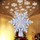 Christmas Tree Topper Lighted with Built-in Led Rotating Snowflake Projector Lights, 9.6 Hollowed Tree Topper with Silver Spangles Plug In for Indoor Home Xmas New Year Party Holiday Night Tree Decor