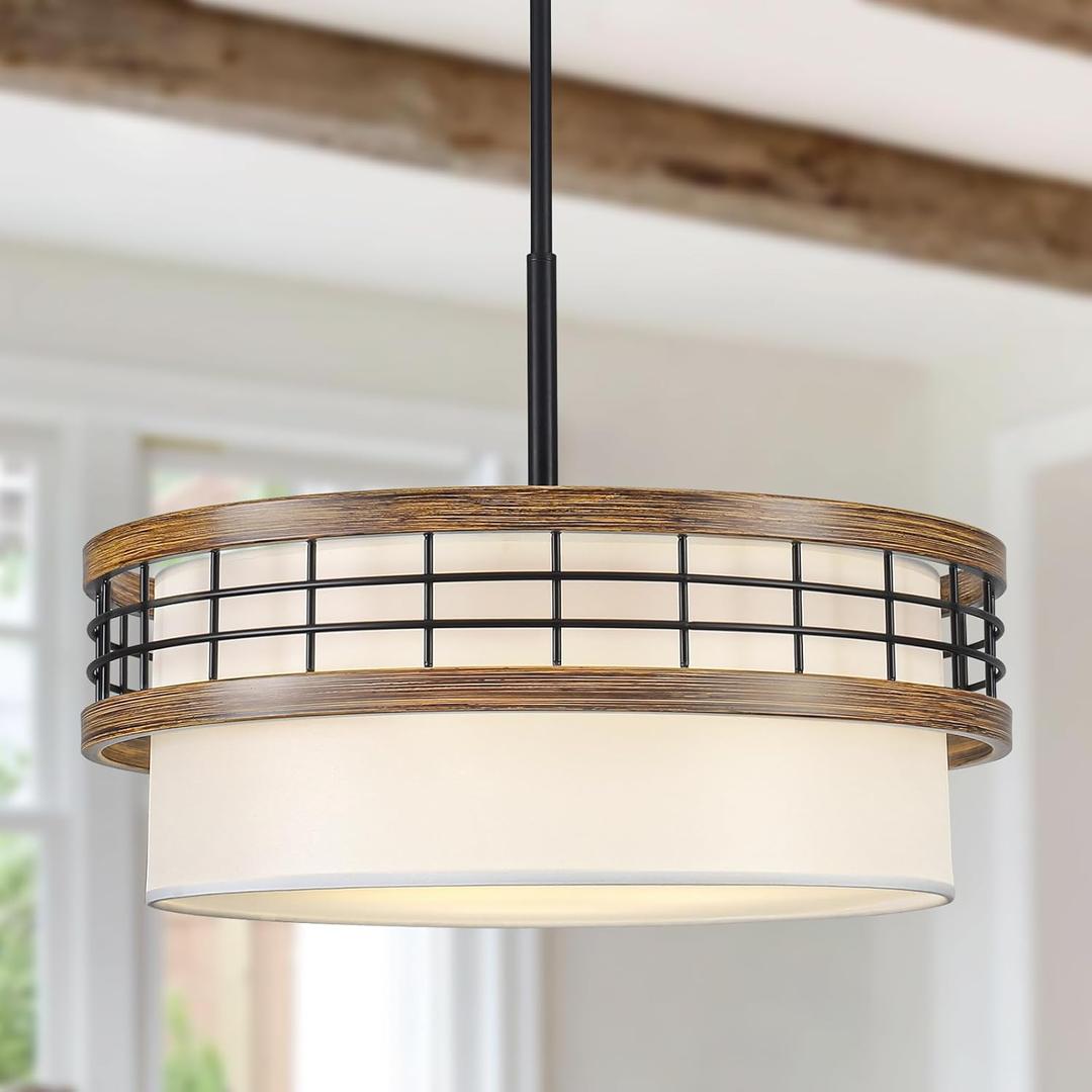 18" Drum Chandelier, 3-Light Modern Farmhouse Chandelier, Large Black and Wood Texture Pendant Light Fixture for Dining Room Kitchen Island Foyer Entryway Bedroom