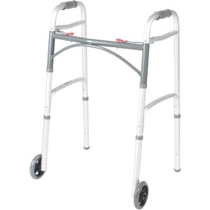 Drive Medical Two-Button Folding Walker w/ Wheels - Lightweight Rolling Mobility Support - Desk Arms - Adjustable Height - Dual Push-Button Operation - 5 Inch Front Wheels - Durable Aluminum - Silver