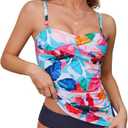 Shuangyu Women's Twist Front Bandeau Tankini Set Two Pieces Ruched Tummy Control Suimsuit with Mid Waist Briefs XL