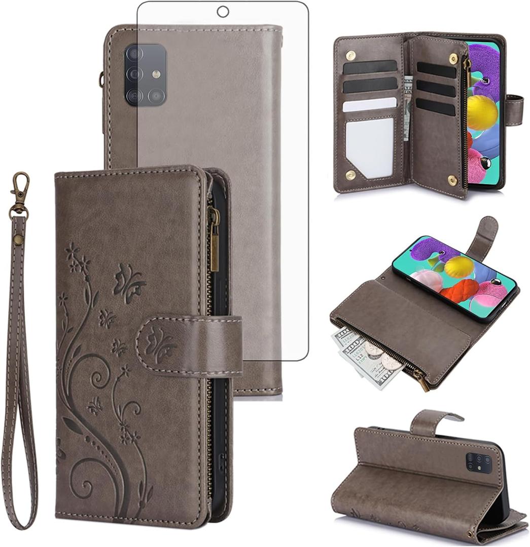 Asuwish Phone Case for Samsung Galaxy A51 4G Wallet Cell Cover with Tempered Glass Screen Protector Wrist Strap Flower Flip Zipper Card Holder Slot Stand A 51 M40S 51A A515F S51 Women Girls Grey