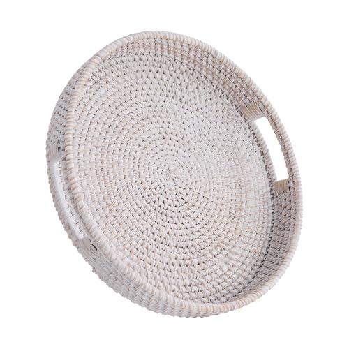 Round Rattan Serving Tray,Hand-Woven Tray with Handles, Ottoman Decorative Coffee Table Tray,Wicker Storage Basket for Tea,Fruit,Bread (Whitewash, 11.8")