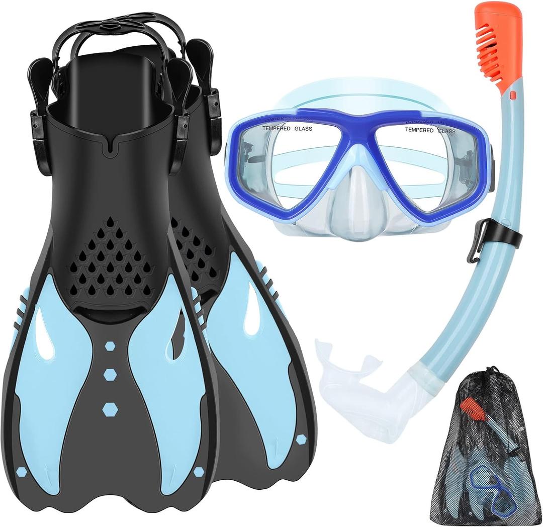 Youth Snorkel Set for Ages 7-16, Snorkeling Gear for Kids with Panoramic View Mask Anti-Fog Anti-Leak Full Dry Top Snorkel Fins Travel Bag for Swimming Diving (Small, Sea-Sky-Blue)