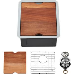 Undermount Kitchen Sink, 15 x 17 x 10 Inch Bar Sink 16 Gauge Stainless Steel Small Sink Kitchen Single Bowl Workstation with Cutting Board