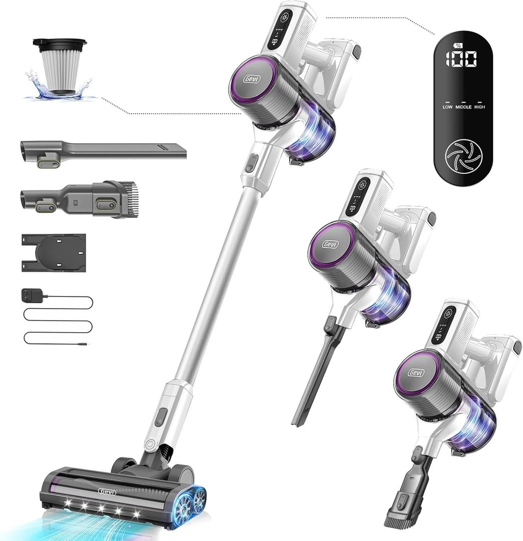 Gevi Cordless Vacuum Cleaner for Home, Stick Vacuum with Powerful Suction Design, LED Display, Long Runtime Detachable Battery, Deep Clean for Hard Floor Carpet [2024 Upgraded]
