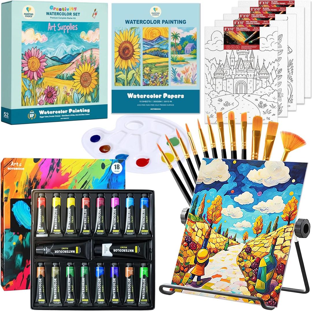 Watercolor Paint Set with 18 Vivid Jumbo Tubes (24ml&50ml), Complete Art Supplies with Guided Canvas Panels, Table Easel, Watercolor Papers, Brushes, Paint Kit for Students Beginners Young Artists