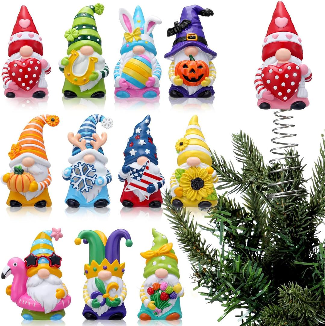 Gejoy 12 Pcs Mini Interchangeable Gnome Tree Topper, Valentine's Day Seasonal Resin Gnome Ornaments 5.1'' Miniature Christmas Tree Toppers for Year Round Gift, Office Home Decor, 1 Spring