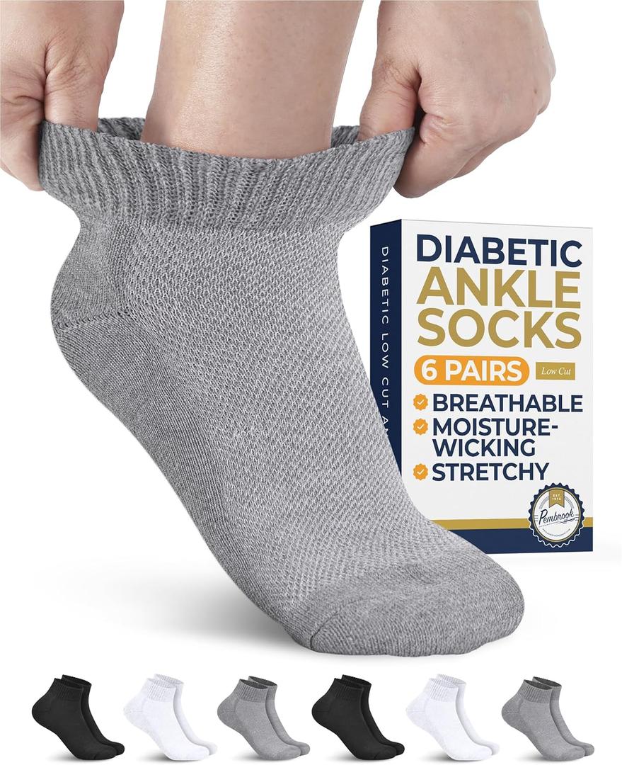 Pembrook Diabetic Ankle Socks for Women and Men - 6 Pairs | Low Cut Neuropathy Socks for Women | Smooth Toe Seams (L)