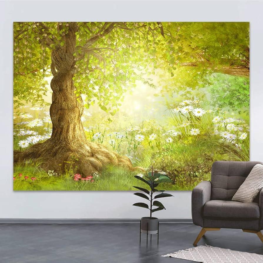 7x5ft Spring Backdrop Easter Scenery Woodland Meadow Flower Photography for Birthday Baby Shower Fairy Tale Forest Background Oil Painting Photo Studio Photoshoot Backdrops Props Supplies