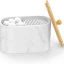 Cotton Swab Holder, Round Cotton Pads Balls Qtip Holder Dispenser with Lid, 2 Compartments Qtips Holder, Tampoms Period Box Bathroom Organizers Storage Bin Floss Dispenser Vanity Cosmetics, White (Oval-Gravel White)