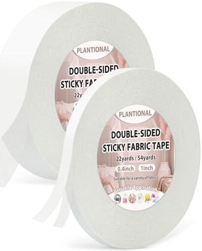 PLANTIONAL 2 Rolls Double-Sided Sticky Fabric Tape, No Sewing Required, Gluing, or Ironing Stitch Witchery Adhesive Cloth Tape, 2/5" x 54.6 Yd and 1" x 54.6 Yd Fabric Hemming Tape