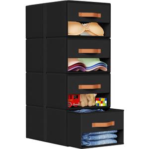DIMJ Closet Organizers and Storage - Fabric Bins with Drawers for Closet Foldable Clothes Organizers with Clear Window, Stackable Storage Drawers Units for Bedroom, Living Room, Medium 4-Pack, Black