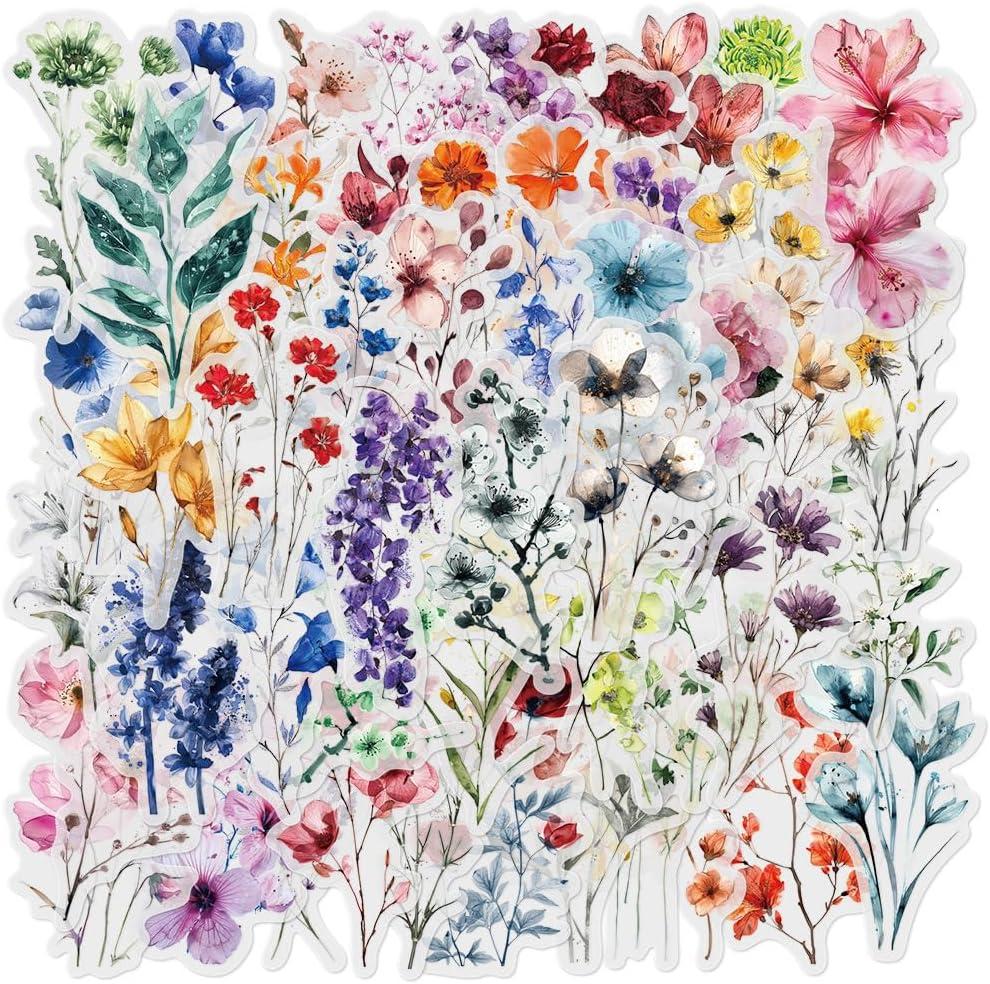 50-Pack Transparent Waterproof Watercolor Wildflower Flower Scrapbook Stickers  Vibrant Nature Floral Decals for Card, Journals, Resin Art Project
