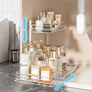 Delamu Under Sink Organizer, Height Adjustable Under Sink Organizers and Storage, Slide Out Under Sink Storage Shelf for Kitchen Bathroom Pantry Cabinet (1 Pack, White)