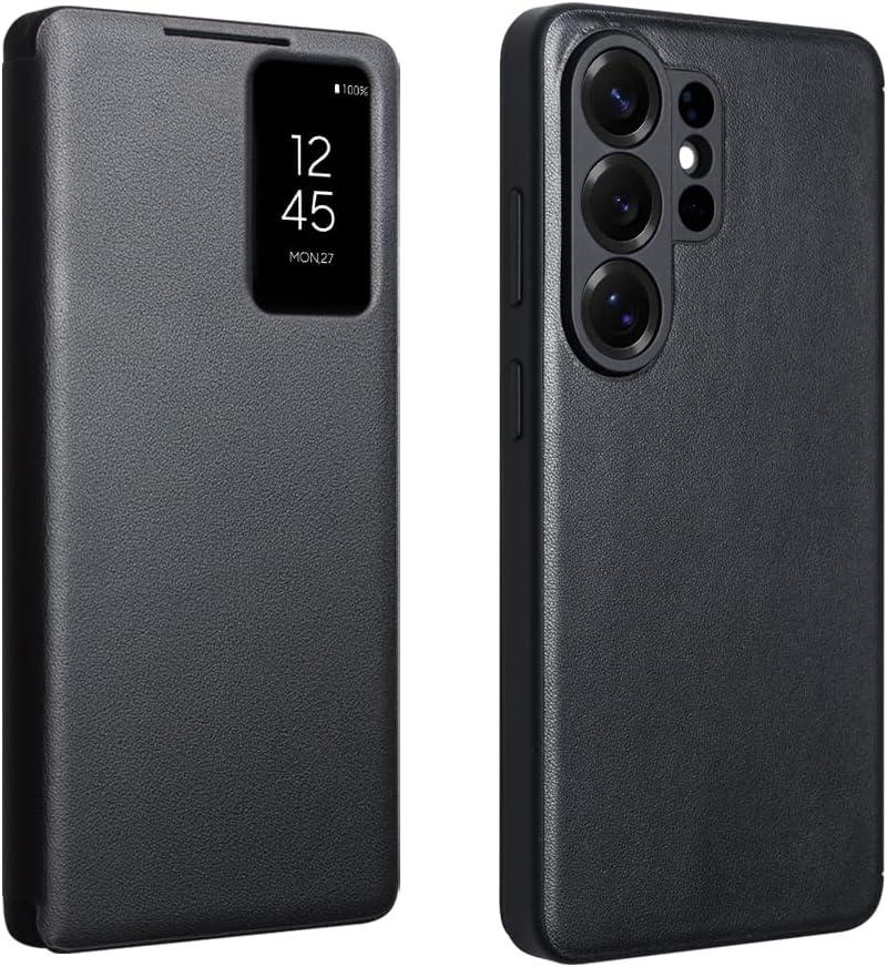 Genuine Leather Smart Case for Samsung Galaxy S26 Ultra Light Phone Cover with Smart View Case for S26 Ultra(Only for S26 Ultra Black)