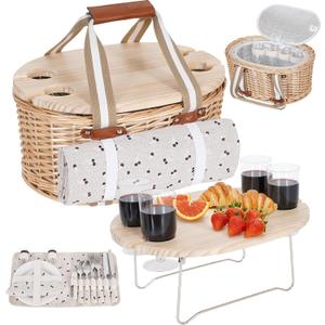 Picnic Basket Set for 4 - Wicker Insulated Picnic Basket with Waterproof Blanket, Folding Wine Picnic Table & Cutlery Kits, Picnic Baskets Kit for Camping, Outdoor, Valentine (Cherry)