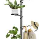 BAOYOUNI 5 Tier Indoor Plant Pole Stand Tension Rod Adjustable Flower Display Rack Spring Loaded Floral Hanger Storage Shelf with 4 Trays & 1 Wave Hook, Black (4 Trays & 1 Wave Hook, 5 Tier)