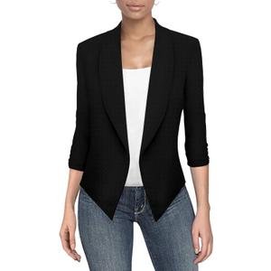 Hybrid & Company Lightweight Open Front Cardigan Classic Ruched Sleeve Work Office Blazer Suit Jackets (Medium, Black)