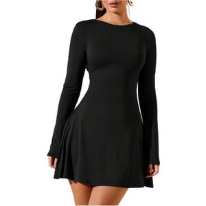 SOLY HUX Women's Long Sleeve Mini Dress Elegant Lace Up Crew Neck Work Office Dresses (Plain Black) S