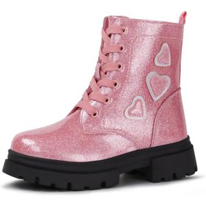 Tobfis Kids Girls Fashion Shiny Combat Work Boots Side Zipper Ankle Boots(Toddler/Little Kid/Big Kid) (Pink)