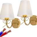 Antique Brass Wall Sconces Set of Two, Bow Sconces Decor Gold Wall Lights Brass Brushed Gold Sconce with Fabric Shade, E26 110V Hardwired Wall Lamps for Girl Bedroom, Living Room, Nursery Room