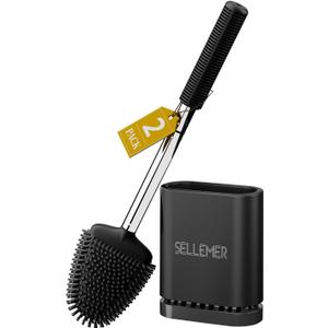 Sellemer Toilet Brush and Holder Set - Flexible Toilet Bowl Brush Head with Silicone Bristles, Compact Size for Storage and Organization, Ventilation Slots Base (2 Pack, Black)
